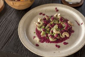 Matcha Vegan Gnocchi with Beetroot Pesto - Italian recipe with a matcha twist at Matcha Cafe in Tibubeneng