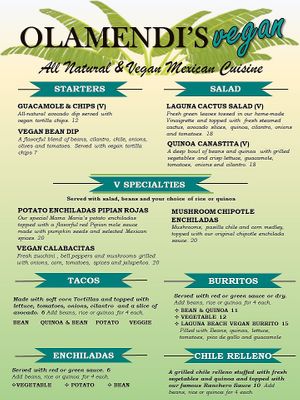 Vegan Menu  at Olamendi's Mexican Restaurant in Dana Point