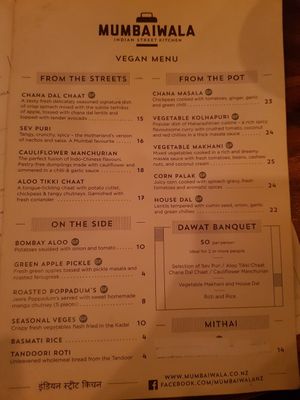 Vegan menu at Mumbaiwala Indian Street Kitchen in Christchurch