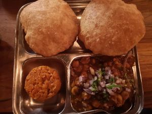 Chole Bhature with carrot halwa at Mumbaiwala Indian Street Kitchen in Christchurch