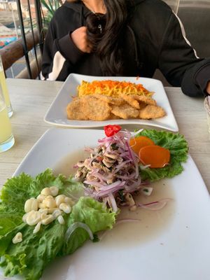 Mushroom ceviche and pasta with Milanese   at Restaurant Paracas in Paracas