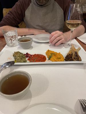 Starters including vegetable bouillon   at Betty's Vegetarian Restaurant in Amsterdam