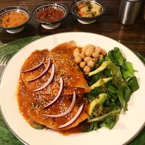 Vegan mexican dish: entomatada at Nomada Organics & Gourmet in La Paz