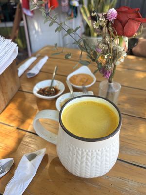 Golden latte with coconut mylk  at Nomada Organics & Gourmet in La Paz