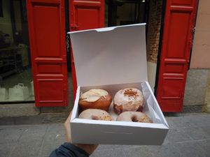 donuts in front of the store at Delish Vegan Doughnuts in Madrid
