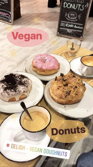 Oreo, raspberry sprinkle, and butterscotch  at Delish Vegan Doughnuts in Madrid