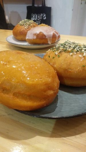 Matcha white chocolate brûlée, Apple pie and Salty doughnuts at Delish Vegan Doughnuts in Madrid