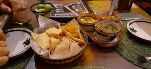 Chips and trio of dips served upon arrival. All vegan. Simple and packed with flavour. at Los Magueyes  in La Paz