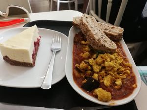 Stew with vegan  egg at Deli's Vegan Bisztro in Budapest