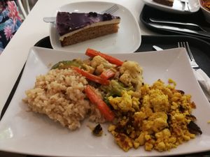 Vegan egg veggie Thai wok, rice at Deli's Vegan Bisztro in Budapest