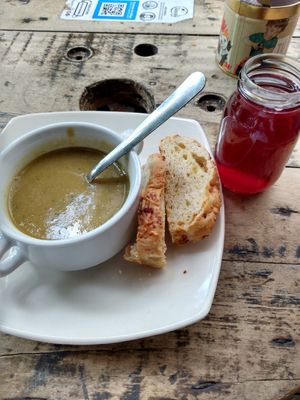 Cream of vegetable soup, bread, Jamaica drink at Naturalia Cafe in Medellin
