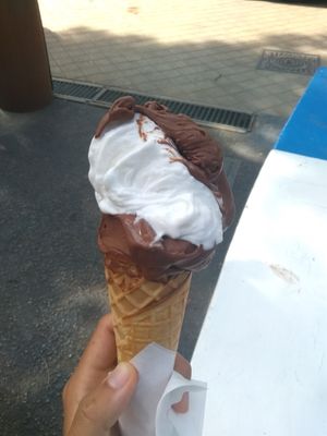 Vegan ice creams made with rice milk: veleno (made with dark chocolate) and cocco (coconut)
3 scoop at 3 euros for a medium cone at Puro & Bio in Ravenna