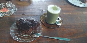 bourbon apple cake and matcha tea with rice milk. delicious, 4.5€+2€ at Musli in Torrelavega