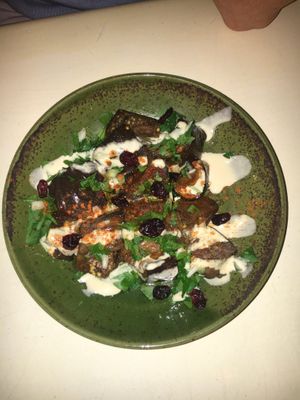 aubergine dish at Akko Hummus Bar in Leipzig