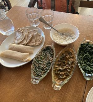 Lentils, okra, spinach with injera and pita  at Keren View in North London
