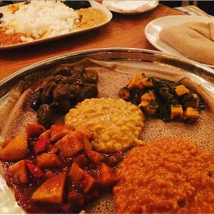 Selection of 5 dishes and injera  at Keren View in North London