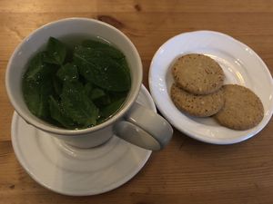 Fresh mint tea with oat & chia, and ginger cookies.  at Keren View in North London