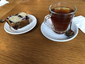 Blueberry, lime and banana gluten free cake and Eritrean spicy tea   at Keren View in North London