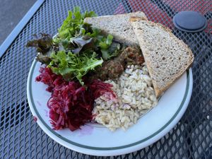 Poet’s Bowl with greens and sauerkraut  at Blue Scorcher Bakery Cafe in Astoria
