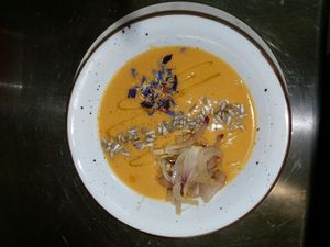 vellutata di zucca, semi di girasole, cipolla in agrodolce at Il Papeoto in La Spezia