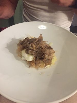 vegetarian main: poached egg with pasta and truffle  at Il Papeoto in La Spezia
