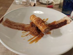 Desert: Cannolo fillo pasta with gianduia, hazelnut crumble and salted caramel at Il Papeoto in La Spezia