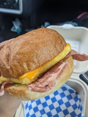 Bacon, egg, and cheese vegan breakfast sandwich. So good! I ask for it with the Just Egg instead of the other egg substitute they use. at Seed Ranger in Ventura