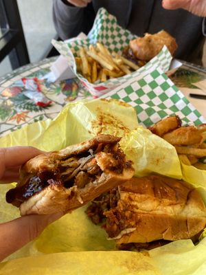 BBQ chicken sandwich with fries. My husband gave me his onion rings    at Seed Ranger in Ventura