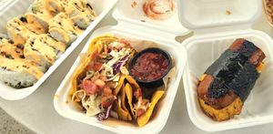 Lobster roll, fish taco with chips and salsa, and spam musubi! at Seed Ranger in Ventura