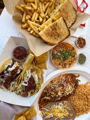 Patty melt at top, fish tacos bottom left, and chili relleno bottom right… yum! at Seed Ranger in Ventura