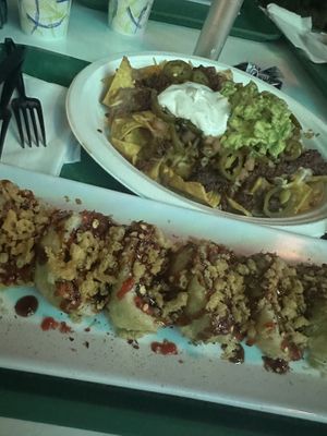 Crunchy Tiger Hidden Dragon Roll and Soyrizo Nachos  at Seed Ranger in Ventura