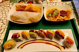 Rainbow Roll, Breakfast Burrito, and Loaded Taco. at Seed Ranger in Ventura