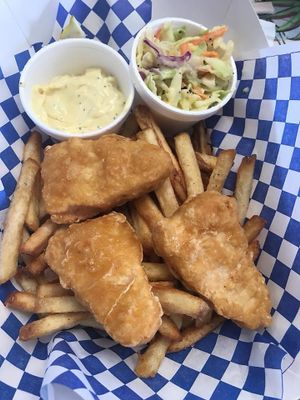 photo credit Stephanie W
Vegan "fish" and chips with vegan cole slaw and tartar sauce at Seed Ranger in Ventura