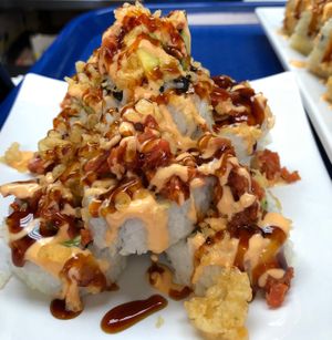 Volcano Roll -California roll with spicy tofu ahi and spicy vegan mayo, eel sauce, and tempura bits. Vegan. at Seed Ranger in Ventura