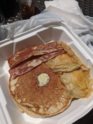 Pancakes, Bacon, and Eggs. Not too crazy about the eggs but the rest was delicious! at Seed Ranger in Ventura