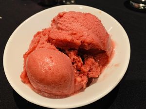 Strawberry sorbet  at Cork & Fork in La Quinta