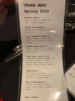 Separate vegan menu at Cork & Fork in La Quinta