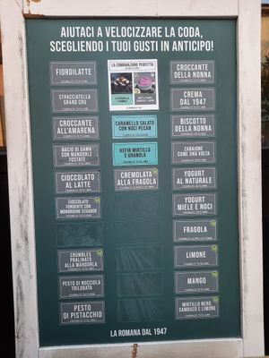 Menu with clearly marked vegan options and flavour of the month at Gelateria La Romana in Bergamo