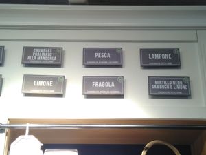 Six of the nine different vegan flavours  at Gelateria La Romana in Bergamo