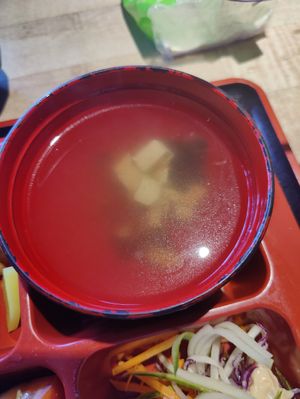 Soup which comes with the Teriyaki Kebab Set at Vegan Delights Cafe in Ipoh