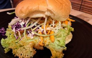 Mushroom burger at Vegan Delights Cafe in Ipoh