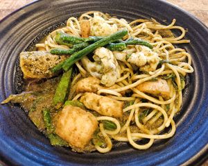 Green curry spaghetti, nice at Vegan Delights Cafe in Ipoh