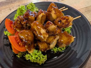 Chicken teriaky ist made of deep fried mushrooms at Vegan Delights Cafe in Ipoh