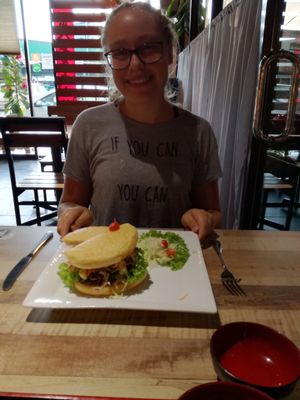Mushroom burger at Vegan Delights Cafe in Ipoh