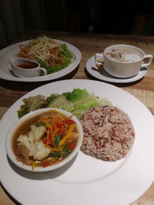 2 soups, rice and salad: RM 27.7 at Vegan Delights Cafe in Ipoh