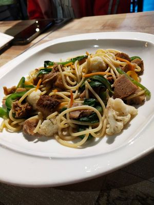 Spaghetti W/Monkey Head Mushroom 猴头菇鱼香叶意粉 at Vegan Delights Cafe in Ipoh
