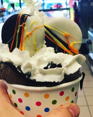 Vegan chocolate dipped cookies on top of our vegan vanilla chip ice cream. Whipped cream was made but whipping up coconut milk. at Cinema Arts Centre Sky Room Cafe in Huntington