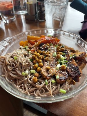 Buddha Bowl with seitan, chickpeas, sweet peppers and green onions  at The Rise in Lander