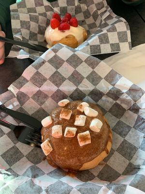 Traditional with raspberries and pumpkin icing with cinnamon and marshmallows  at Cinnaholic in Lancaster