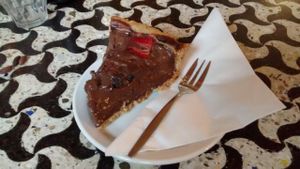 Vegan chocolate cake with blueberry and strawberry at Bolhoed in Amsterdam